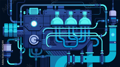 The intricate network of pipes and hoses are illuminated by the faint blue glow of the marine diesel engines control panel.. Vector illustration