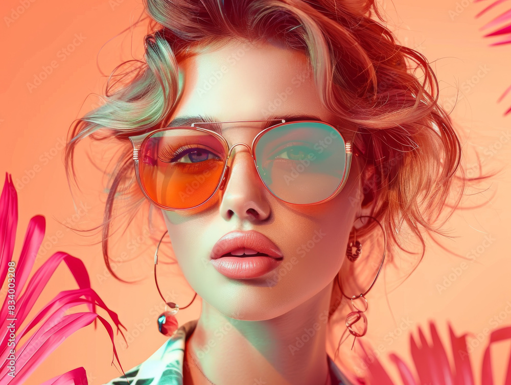 Retro style pastel colors summer background. Fashion woman wearing big sunglasses. Retro style pastel colors summer background. Fashion woman wearing big sunglasses.