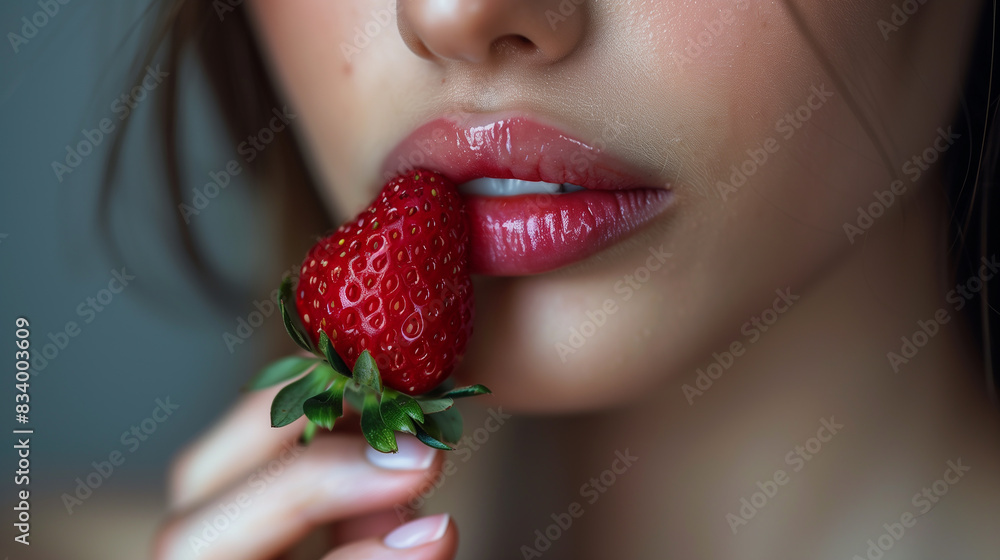 A girl holds a juicy strawberry near her lips A girl holds a juicy strawberry near her lips