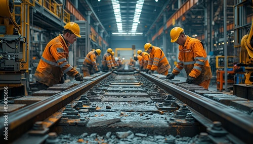 Workers constructing railway track photo