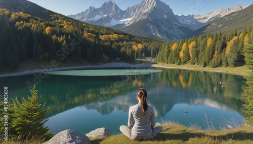 A woman practicing yoga and meditating amidst a serene mountain landscape, finding peace and relaxation in nature