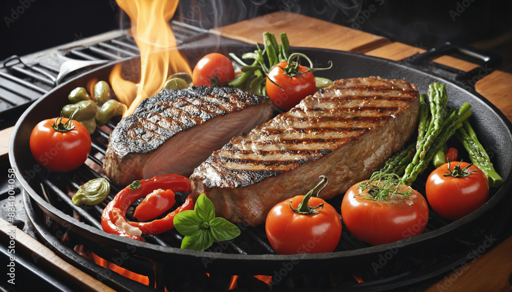 Indoor cooking with flame-grilled meats and fresh vegetables, a delicious meal for epicurean enthusiasts Indoor cooking with flame-grilled meats and fresh vegetables, a delicious meal for epicurean enthusiasts