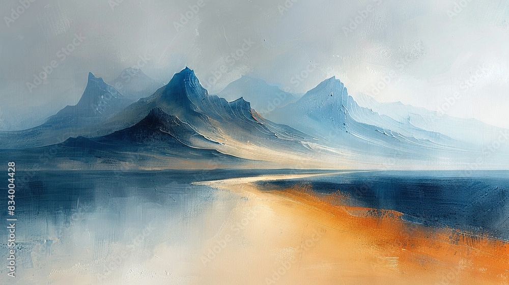   A majestic mountain range is depicted in this painting, with a serene body of water in the foreground and an ethereal cloudy sky in the background