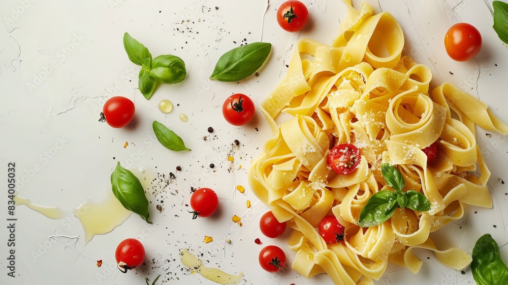 Pasta with cherry tomatoes and basil on a light background. Pasta with cherry tomatoes and basil on a light background.