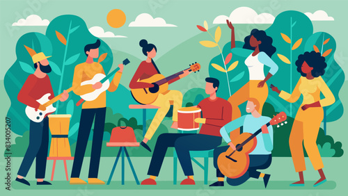 A group of musicians of all skill levels from beginners to experts come together to share their love of music in a community jam session at the local. Vector illustration