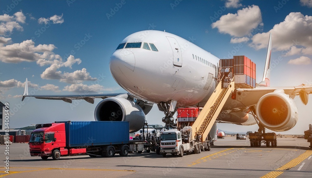 Cargo plane being loaded or unloaded with freight at a bustling airport Cargo plane being loaded or unloaded with freight at a bustling airport