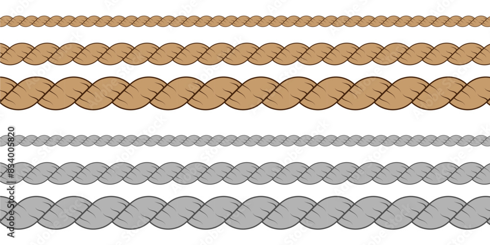 Vector rope knots. Nautical tying techniques. Beige twisted ropes. Different rope frames set. Circle, oval, rectangle shapes in retro yacht style. Nautical design elements for print and decoration. 