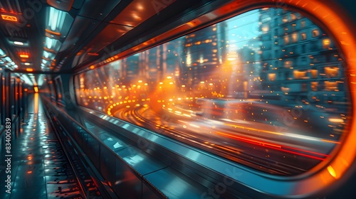 Vibrant Train Cabin with Blurred City Scenery Passing By in Motion