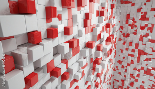 Modern geometric illustration with red cubes on white background in a 3D render design