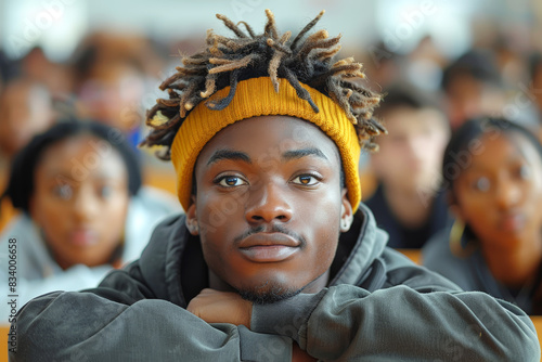 Young man with dreadlocks wearing a yellow beanie and hoodie sitting in a classroom, looking attentive. POV Point of View shooting trend.