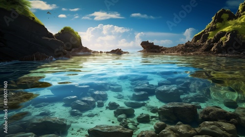 A Tranquil Ocean Scene with Clear Waters, Rocky Shore, and Blue Skies