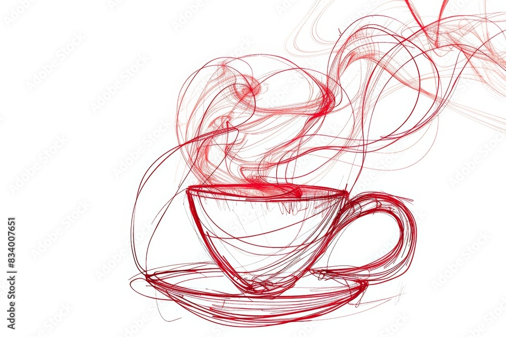 Hand Drawn Red Coffee Cup With Steam on a White Background. Generative AI Hand Drawn Red Coffee Cup With Steam on a White Background. Generative AI