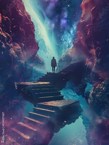 Depict a figure seamlessly walking on a never-ending staircase floating in a surreal cosmic landscape, symbolizing progress in an infinite loop through a dynamic Steadicam shot photo