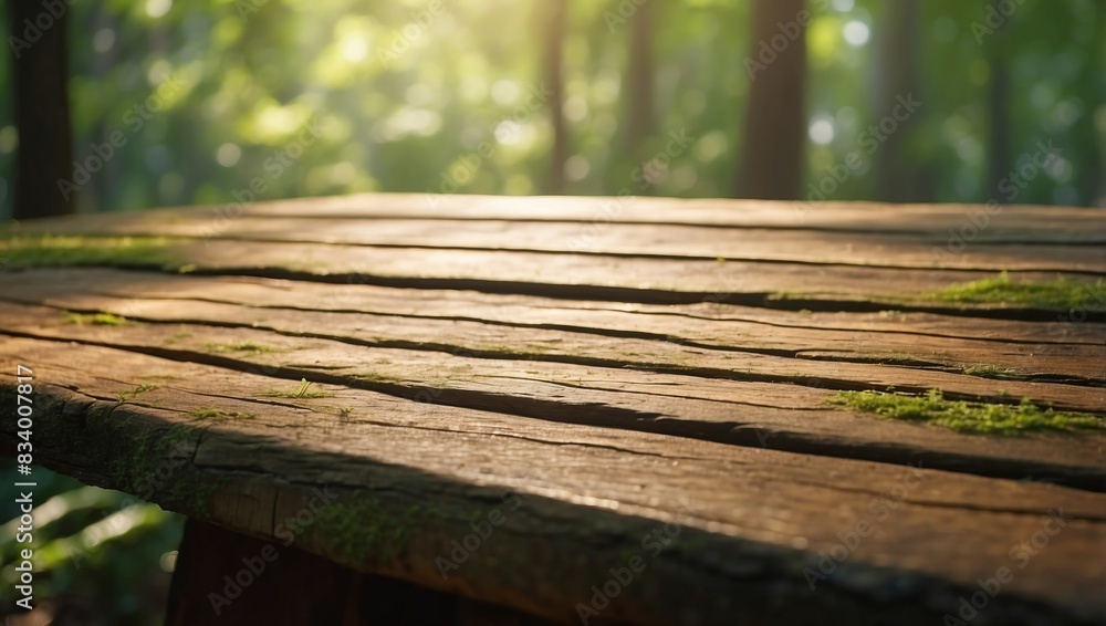 Sunlit Wooden Table in a Lush Green Forest Backdrop. Sunlit Wooden Table in a Lush Green Forest Backdrop.