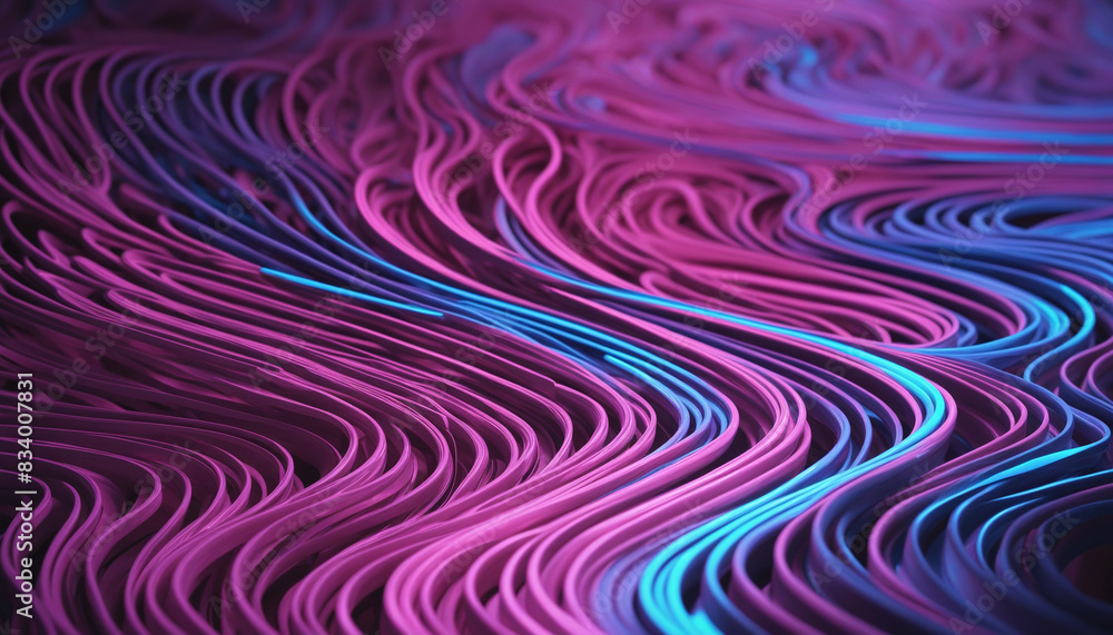 Futuristic 3D render with vibrant neon wavy lines, blurry bokeh lights, and an abstract equalizer background in pink and blue hues