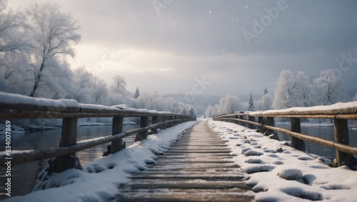 Tranquil Snowfall on a D Rendered Turtle Bridge A Stunning Winter Landscape. © DEER FLUFFY