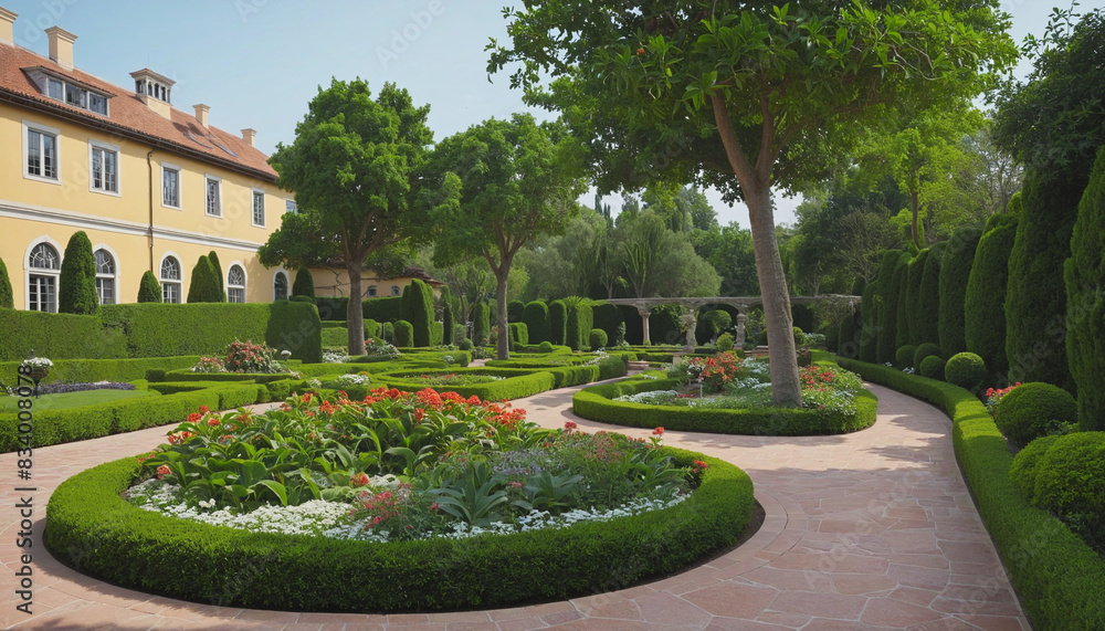 Naklejka premium Exploring the interplay of nature, architecture, and culture in a famous travel destination's formal gardens