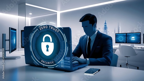 Zero trust concept with digital icon and business man using laptop photo