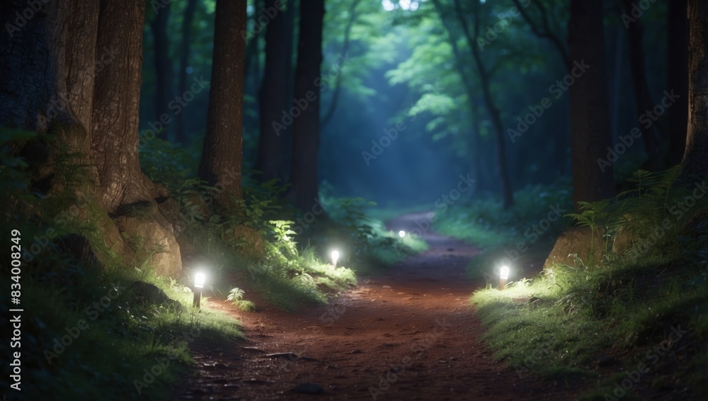 Fototapeta premium A Secret Path to the Cave A D Rendered Forest Path Illuminated by UV Light.
