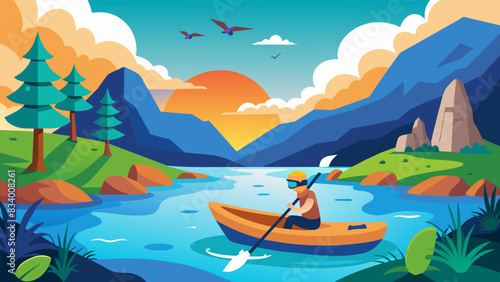 Experience the beauty of nature from the comfort of your own home paddling through breathtaking landscapes and exotic wildlife in a VR kayak.. Vector illustration