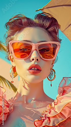 Wallpaper Mural Retro style pastel colors summer background. Fashion woman wearing big sunglasses. Torontodigital.ca