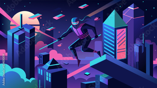 Amidst a sea of neon lights and futuristic technology virtual ninjas gracefully slide and scale their way through a course of towering structures and. Vector illustration