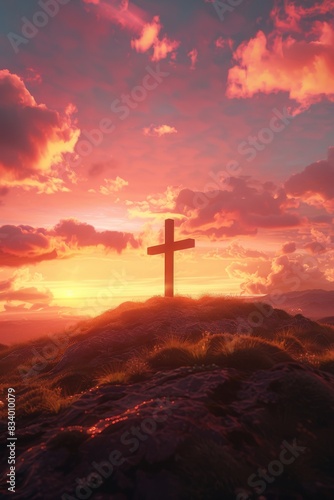 Cross on Hilltop at Vibrant Sunset 