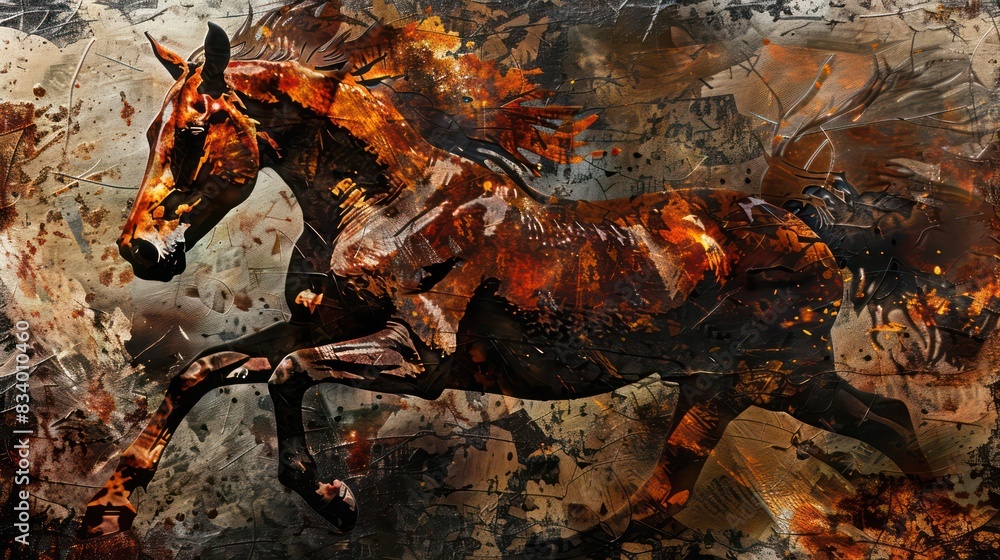 Abstract painting, metal elements, textured background, animals, horses