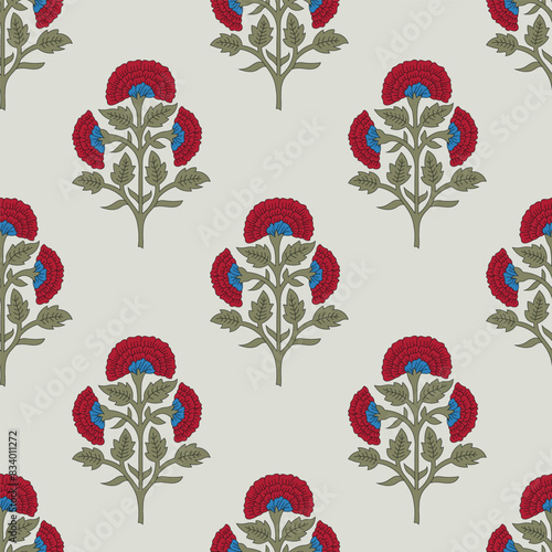 Indian Traditional floral kalamkari block print screen print digital design booti allover seamless repeat pattern for shirt dupatta saree stole scarf dupatta vector element