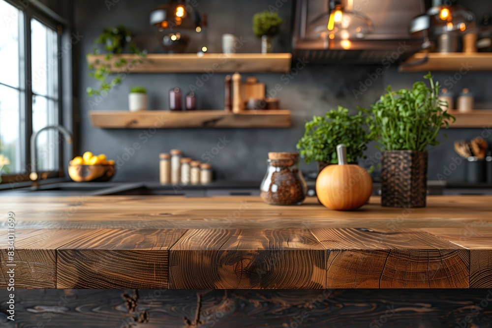 Warm kitchen interior with wooden countertop Warm kitchen interior with wooden countertop