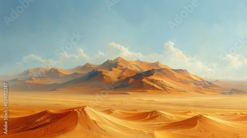  A painting of a desert landscape featuring a majestic mountain in the background and a stunning blue sky adorned with fluffy clouds