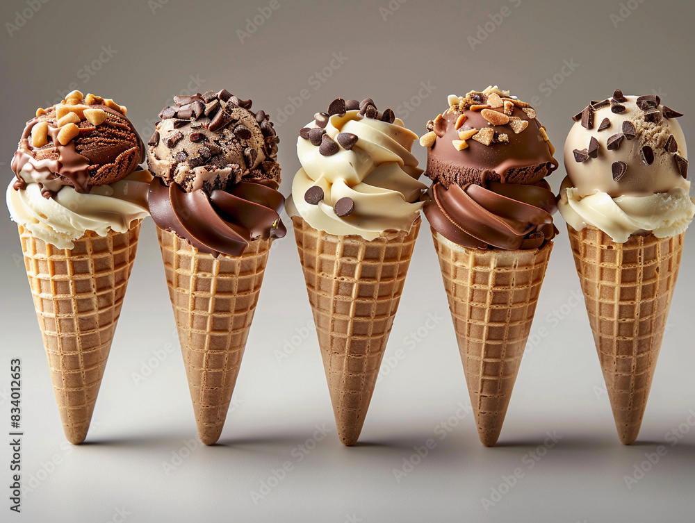 Variety of Ice Cream Cones with Chocolate and Nuts Variety of Ice Cream Cones with Chocolate and Nuts