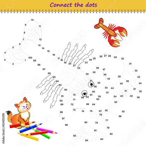 Connect the dots from 1 to 100 and draw the lobster. Trace the line between numbers. Coloring book for kids. Develop counting skills. Logic puzzle game for children. Educational page. Vector image.