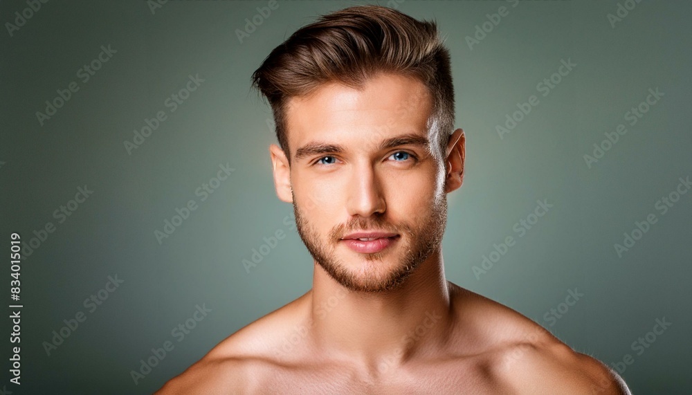 White brunette man with vibrant clear skin for a beauty campaign, face care, facial treatment, cosmetology, beauty and spa; portrait; high quality studio shot; shirtless White brunette man with vibrant clear skin for a beauty campaign, face care, facial treatment, cosmetology, beauty and spa; portrait; high quality studio shot; shirtless