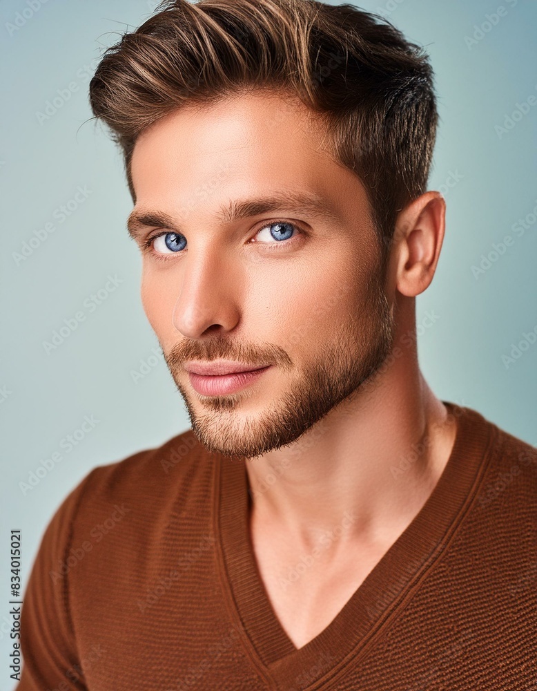 Obraz premium White brunette man with vibrant clear skin for a beauty campaign, face care, facial treatment, cosmetology, beauty and spa; portrait; high quality studio shot