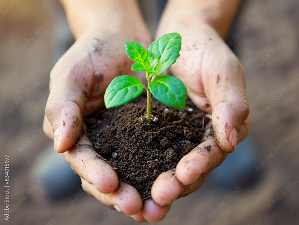 Hands holding a small green sprout in soil. Hands holding a small green sprout in soil.