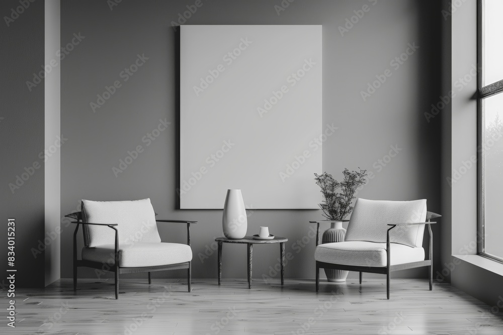 Black and white living room interior with two armchairs, coffee table near fireplace on gray wall mockup poster frame. Minimalist home design concept Black and white living room interior with two armchairs, coffee table near fireplace on gray wall mockup poster frame. Minimalist home design concept