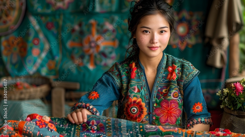 Hmong Artisan Embroidering Intricate Floral Design in Vibrant Indigo and Green Attire Hmong Artisan Embroidering Intricate Floral Design in Vibrant Indigo and Green Attire