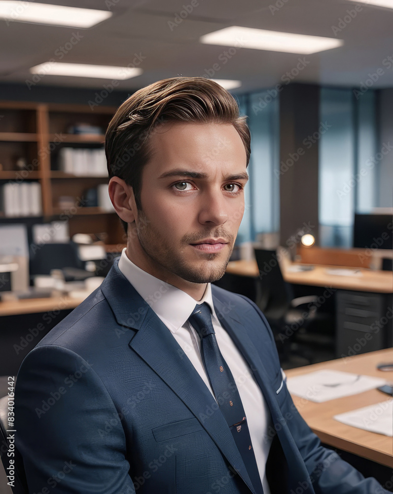 Fototapeta premium High-Quality Portrait of a Professional Man in a Modern Office Environment, Captured with a Focus on Filmic Bokeh and Lighting, Showcasing Corporate Attire and Serious Expression
