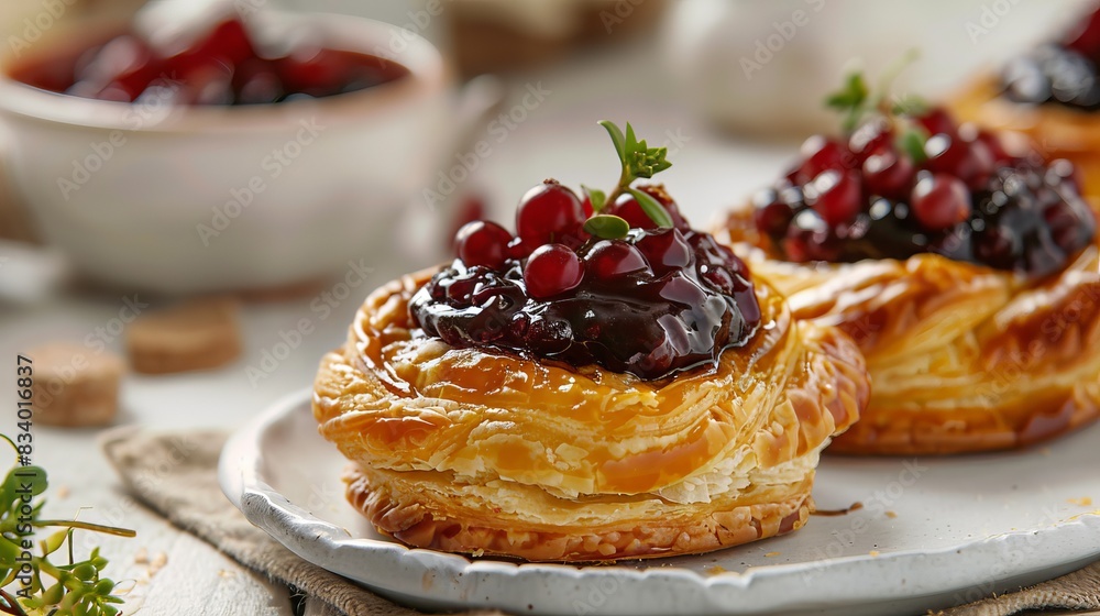 Savory pastry topped with sweet berry spread, presented on a pale table. Savory pastry topped with sweet berry spread, presented on a pale table.