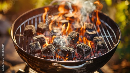 Barbecue grill pit with flaming charcoal briquettes.
