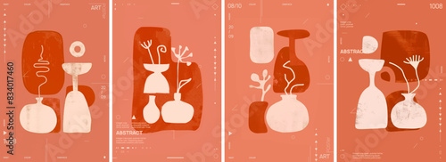 A set of four minimalistic abstract organic shapes, watercolor illustrations with boho vases, plants and leaves. Vector posters with muted colors in terracotta, beige and brown earth tones.