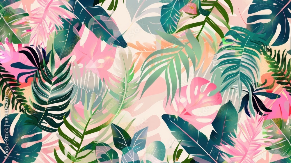Fototapeta premium Seamless vector floral pattern with tropical leaves and abstract shapes. 