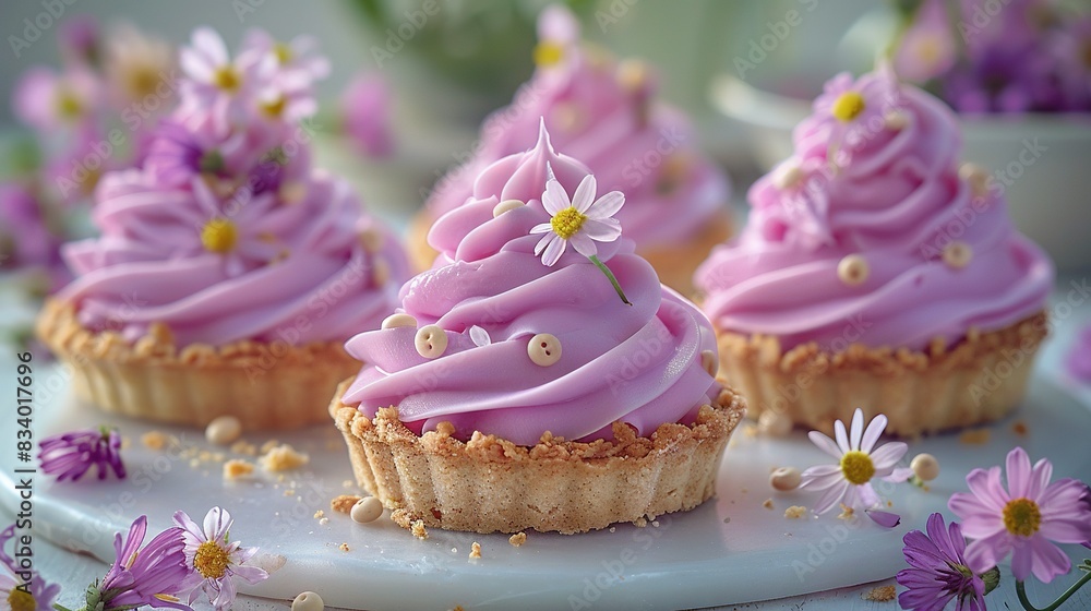 A macro shot of a dessert plate adorned with cupcakes topped with pink frosting and daisy decorations A macro shot of a dessert plate adorned with cupcakes topped with pink frosting and daisy decorations