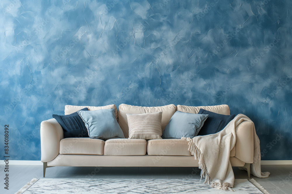 white sofa in a room, A modern cozy living room featuring a striking blue wall texture that sets the tone for a stylish and inviting interior design white sofa in a room, A modern cozy living room featuring a striking blue wall texture that sets the tone for a stylish and inviting interior design