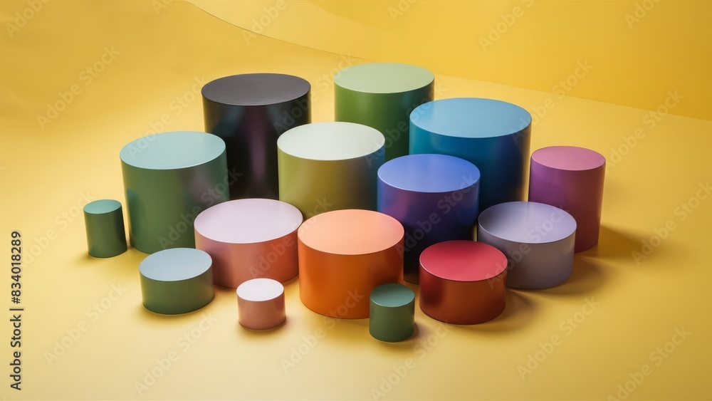 an array of cylinders of different sizes and vibrant colors, artistically arranged on a bright yellow background an array of cylinders of different sizes and vibrant colors, artistically arranged on a bright yellow background