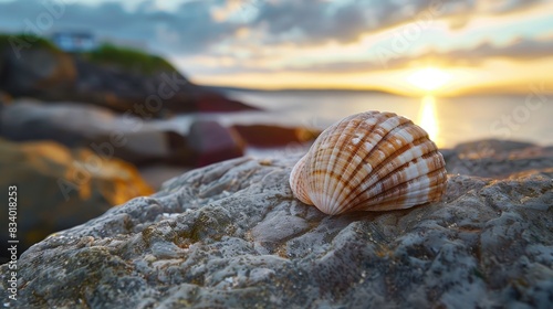 Shell on rock seashore summer holiday setting
