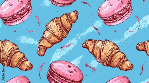 Croissant and macaron pattern on a blue background.
 photo