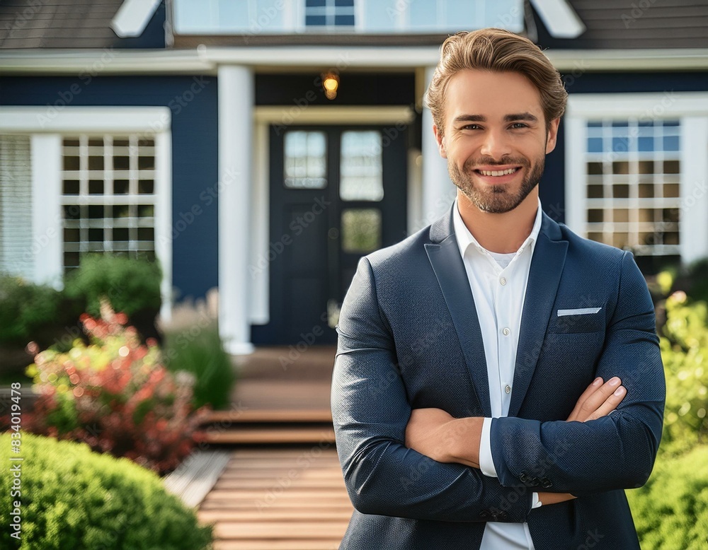 Portrait of American real estate agent standing in front of house