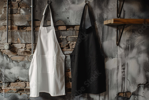Stylish aprons displayed against a rustic brick wall backdrop, symbolizing culinary art photo